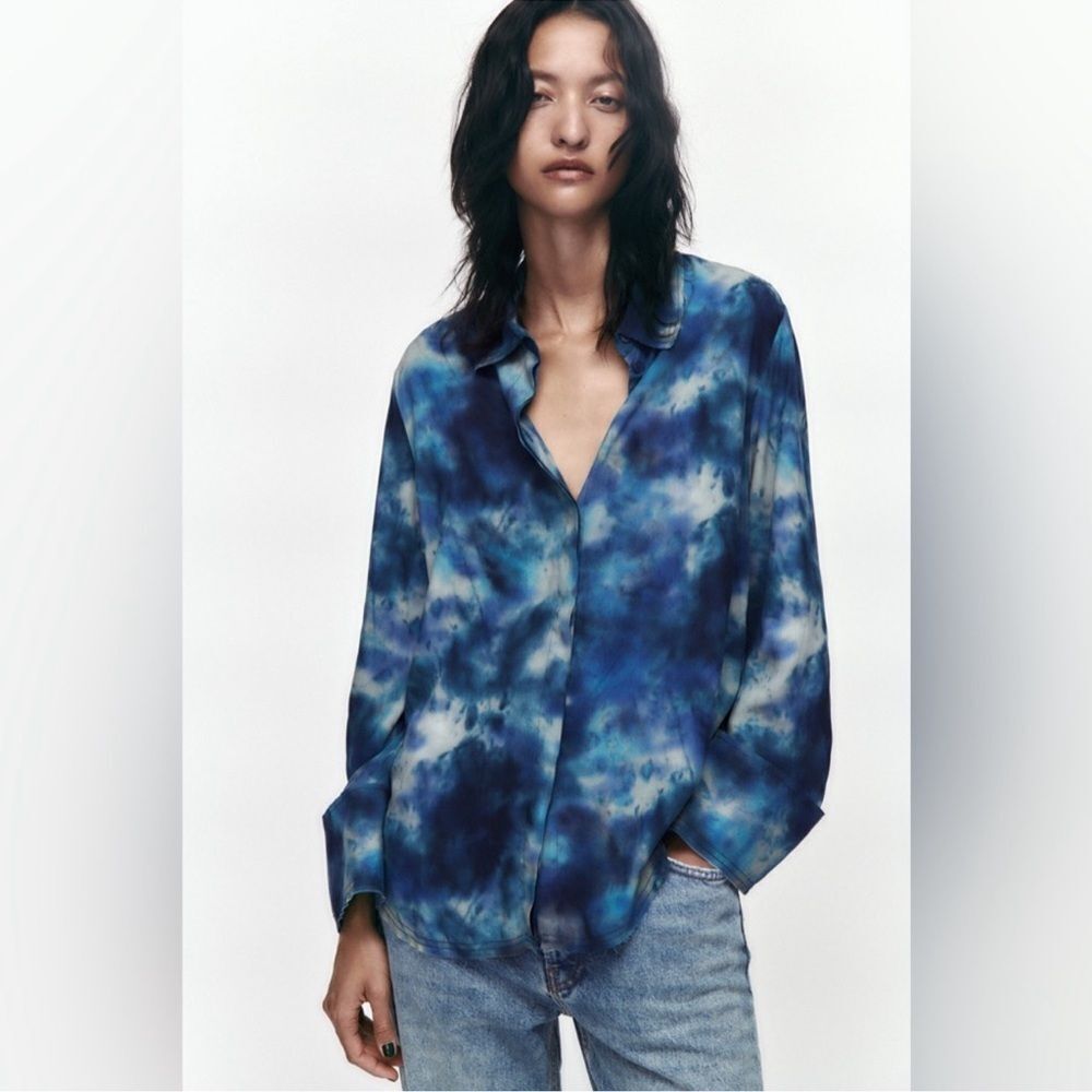 Zara blue tie dye button down shirt